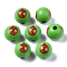 Painted Natural Wood European Beads, Large Hole Beads, Printed, Christmas, Round