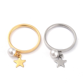 Dual-use Items, 304 Stainless Steel Finger Rings or Pendants, with Plastic Round Beads, Star, White