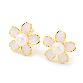 Brass Flower Stud Earrings with Natural Pearl, with 925 Sterling Silver Pins
