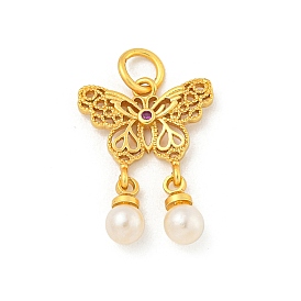 Butterfly Rack Plating Brass Micro Pave Cubic Zirconia Pendants, with ABS Imitation Pearl, Long-Lasting Plated, Cadmium Free & Lead Free, with Jump Rings