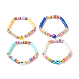 Handmade Polymer Clay Heishi Beads Stretch Bracelet, Flat Round with Evil Eye Lampwork Beads Lucky Bracelet for Women