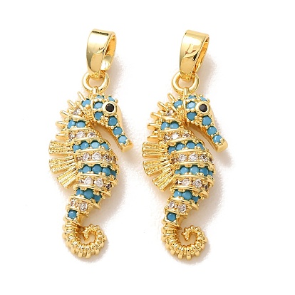 Brass Micro Pave Deep Sky Blue Cubic Zirconia Pendants, Sea Horse Charms