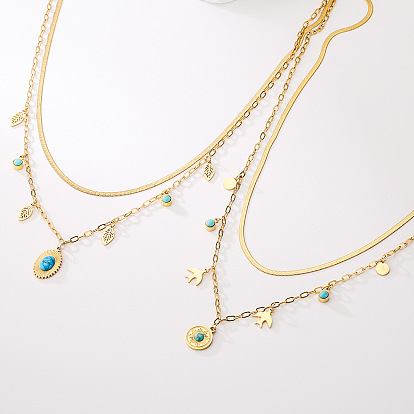 Minimalist Titanium Steel Necklace for Women with 18K Gold Plating and Turquoise Double Layered Design