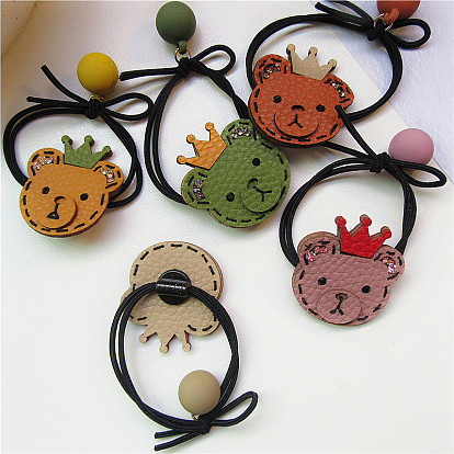 Cute Bear Crown Pendant Elastic Hair Band - Leather, Rhinestone, Ball, Children's Hair Accessories.