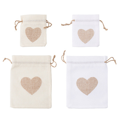 12Pcs 4 Styles Burlap Packing Pouches, Drawstring Bags, Rectangle with Heart
