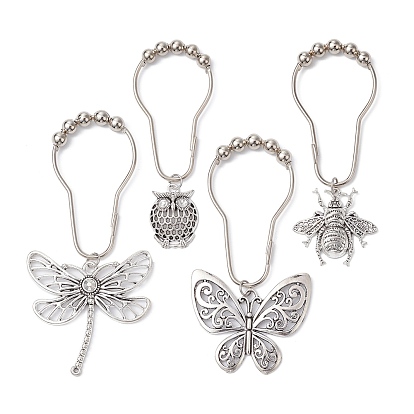 4Pcs 4 Style Owl Butterfly Dragonfly Iron Shower Curtain Rings for Bathroom, Easy Glide Rollers, Metal Shower Hook Hangers with Beads