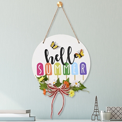 Wooden Pendant Decorations, with Jute Twine, for Party Gift Home Decoration, Flat Round with Word Hello Summer