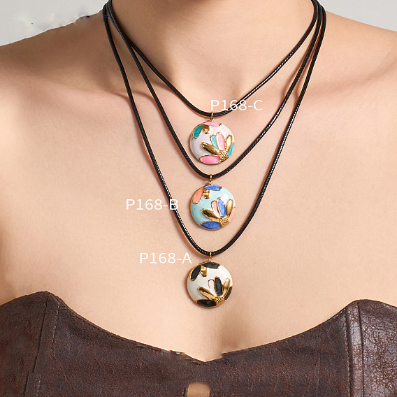 304 Stainless Steel Enamel Flat Round with Flower Pendant Slider Necklaces for Women, Golden
