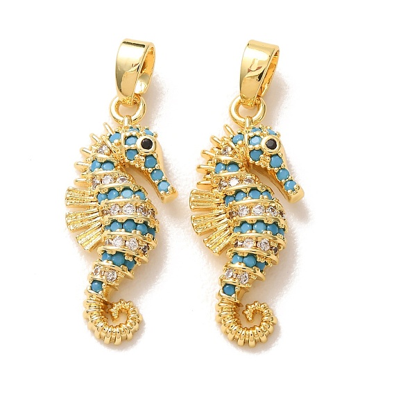 Brass Micro Pave Deep Sky Blue Cubic Zirconia Pendants, Sea Horse Charms