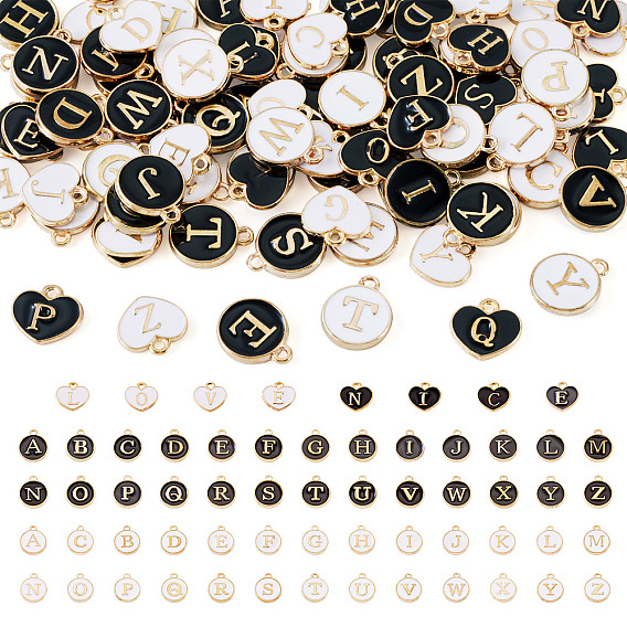 92Pcs 4 Styles Initial Letter A~Z Alphabet Enamel Charms, Flat Round Disc Double Sided Charms