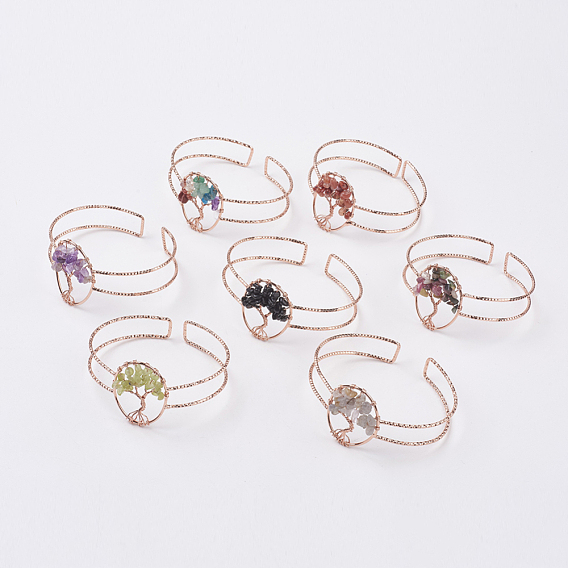Natural Gemstone Chip Bead Cuff Bangles, with Rose Gold Tone Brass Findings