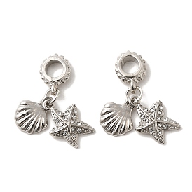 Rack Plating Alloy Crystal Rhinestone European Dangle Charms, Shell Shape & Starfish Large Hole Pendants, Lead Free & Cadmium Free