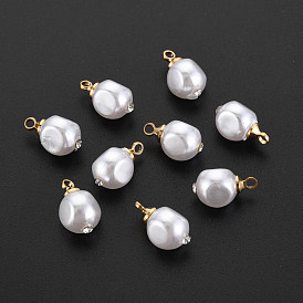 ABS Plastic Imitation Pearl Charms, with Golden Plated Brass Loop and Crystal Rhinestone, Nuggets