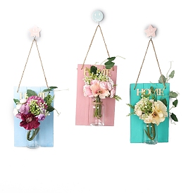 Rectangle Wood with Silk Artificial Flower and Glass Bottle Hanging Wall Decorations for Front Door Home Decoration