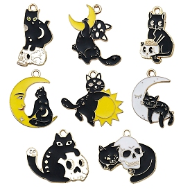 Alloy Enamel Pendants, Cat with Skull & Moon Charm