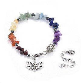 Natural & Synthetic Mixed Stone Charm Bracelets, with 304 Stainless Steel Findings and Brass Findings, Lotus