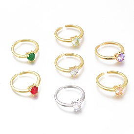 Brass Micro Pave Cubic Zirconia Heart Solitaire Rings, Cuff Rings, Open Rings, Long-Lasting Plated