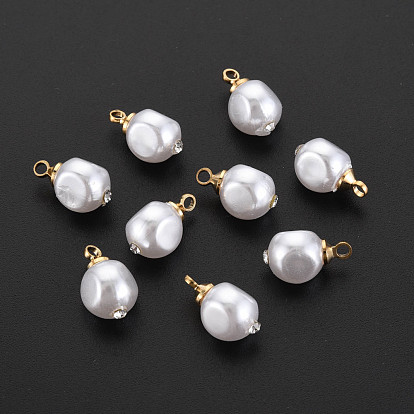 ABS Plastic Imitation Pearl Charms, with Golden Plated Brass Loop and Crystal Rhinestone, Nuggets