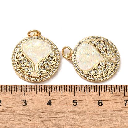 Brass Micro Pave Cubic Zirconia with Synthetic Opal Pendants, with Jump Ring, Flat Round with Wing