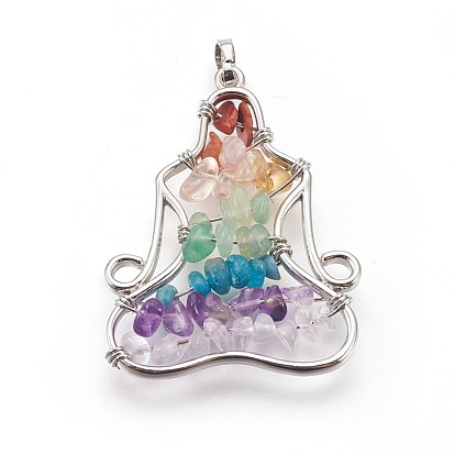 Natural & Synthetic Mixed Gemstone Chakra Pendants, with Brass Findings, Yoga