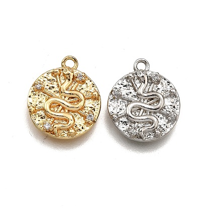 Латунные микропаве прозрачные подвески с фианитом, плоский круг с рисунком змеи