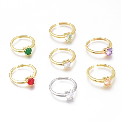 Brass Micro Pave Cubic Zirconia Heart Solitaire Rings, Cuff Rings, Open Rings, Long-Lasting Plated
