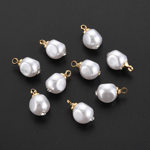 ABS Plastic Imitation Pearl Charms, with Golden Plated Brass Loop and Crystal Rhinestone, Nuggets