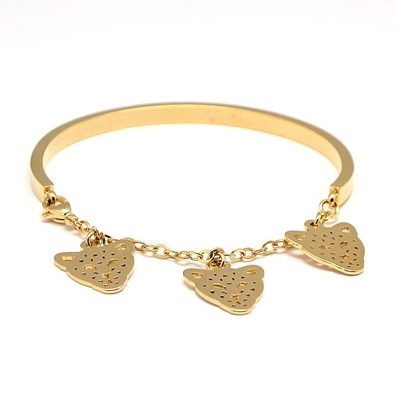 304 Stainless Steel Charm Bangles, with Leopard Head Charms, Cable Chains and Lobster Claw Clasps, 2 inch x2-3/8 inch (51x60mm)