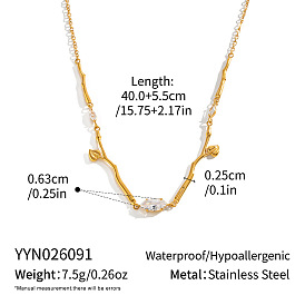 304 Stainless Steel Heart Leaf Branch Link Chain Necklaces for Women, with Clear Cubic Zirconia