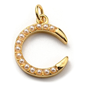 Colgantes de latón, con perlas de imitación de plástico y anillo de engarce, larga duración plateado, sin plomo y el cadmio, colgante de doble cuerno/luna creciente