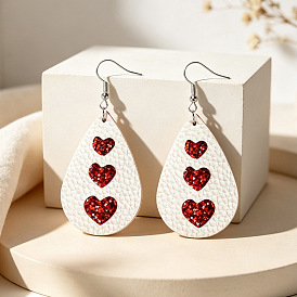 Imitation Leather & Alloy Teardrop with Heart Dangle Earrings, with Sequins, Silver