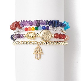 4Pcs 4 Style Natural Mixed Gemstone Beaded Stretch Bracelets Set, Buddhist Head & Lotus & Hamsa Hand 201 Stainless Steel & Brass Charms Stackable Bracelets for Women