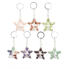 Gemstone Keychains, with Metal Split Rings, Star