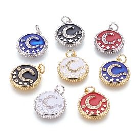 Brass Micro Pave Cubic Zirconia Pendants, with Enamel, Flat Round with Moon and Star