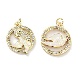 Brass Micro Pave Clear Cubic Zirconia Pendants, with Synthetic Opal and Jump Rings, Real 18K Gold Plated, Ring with Bird Charms