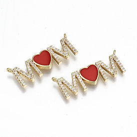 Real 16K Gold Plated Brass Micro Pave Clear Cubic Zirconia Pendant Link, with Enamel, Nickel Free, for Mother's Day, Heart with Word Mom
