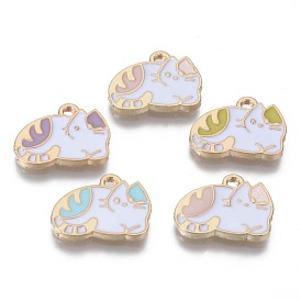 Alloy Enamel Pendants, Cadmium Free & Lead Free, Cat, Light Gold