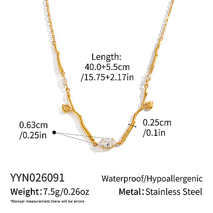 304 Stainless Steel Heart Leaf Branch Link Chain Necklaces for Women, with Clear Cubic Zirconia