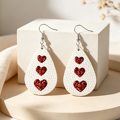Imitation Leather & Alloy Teardrop with Heart Dangle Earrings, with Sequins, Silver
