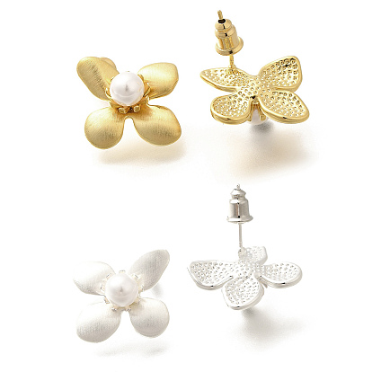 Серьги-гвоздики из искусственного жемчуга в форме цветка из латуни и пластика