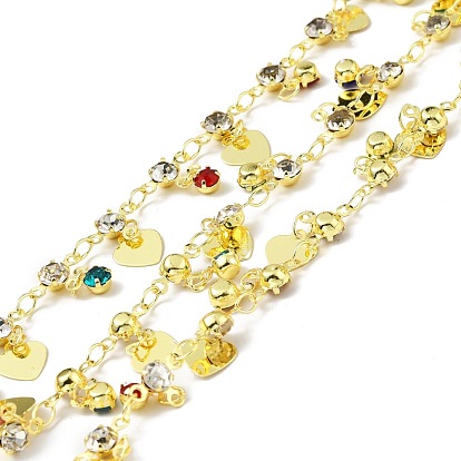 Handmade Eco-friendly Brass Flat Round & Cable Chains, with Glass and Heart Charm, Long-Lasting Plated, Golden, Soldered, with Spool