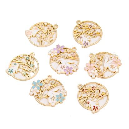 Стойки обшивки сплава эмали подвески, золотые, Плоская круглая подвеска с кроликом и цветком