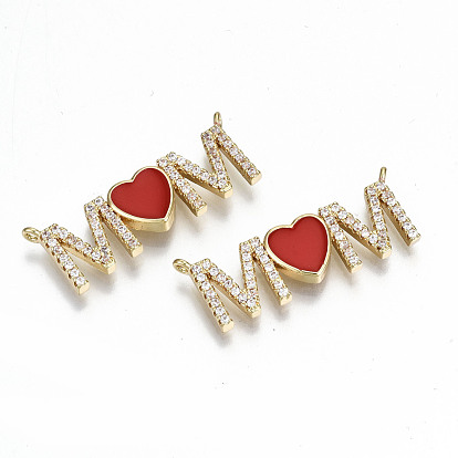 Real 16K Gold Plated Brass Micro Pave Clear Cubic Zirconia Pendant Link, with Enamel, Nickel Free, for Mother's Day, Heart with Word Mom