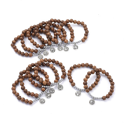 12 Constellation/Zodiac Sign Flat Round Tibetan Style Alloy Charm  Bracelets Sets, with Round Wood Beads and Non-magnetic Synthetic Hematite Beads