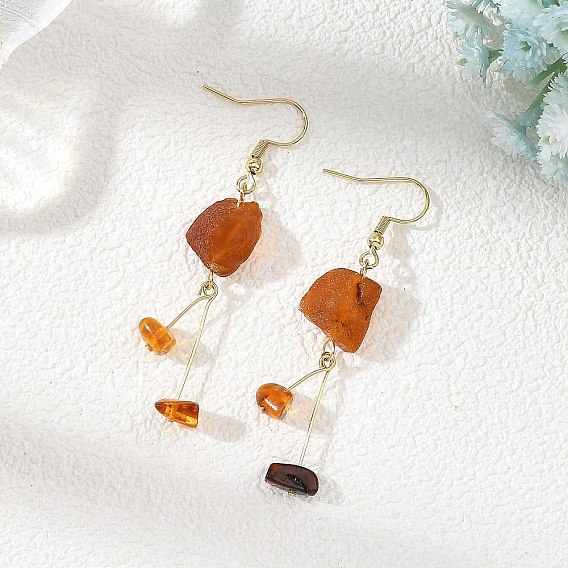 Natural Amber Nuggets Dangle Earrings, with 304 Stainless Steel Earring Hooks