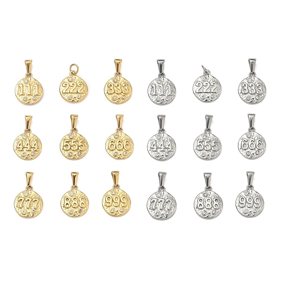 Текстурированные 304 подвески из нержавеющей стали, плоский круглый кулон с цифрой, со стразами