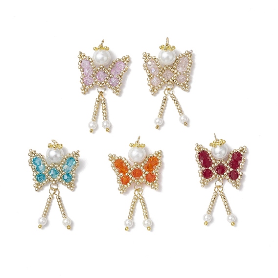 Подвески-бабочки из стеклянного бисера, с 304 кольцами из нержавеющей стали и стеклянной круглой бусиной-жемчужиной