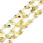 Handmade Eco-friendly Brass Flat Round & Cable Chains, with Glass and Heart Charm, Long-Lasting Plated, Golden, Soldered, with Spool