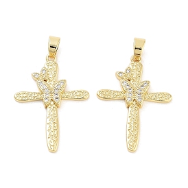 Rack Plating Brass Micro Pave Clear Cubic Zirconia Pendants, Long-Lasting Plated, Lead Free & Cadmium Free, Cross with Butterfly