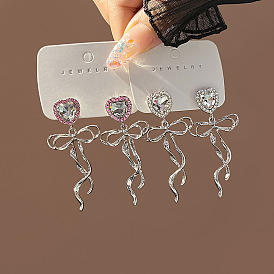 Sparkling Heart Butterfly Tassel Earrings with Irregular Bowknot Design